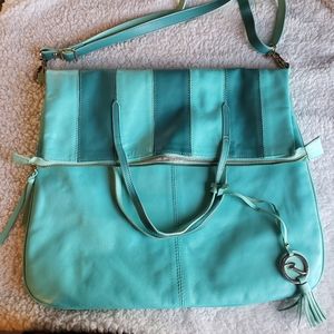 Striped Teal genuine leather tote bag